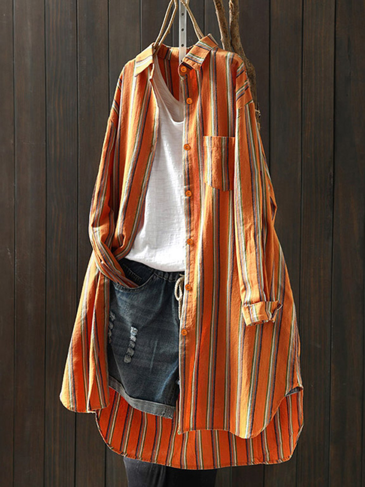 Crop Cardigan Vintage - Women Vintage Striped Long Shirt Blouse