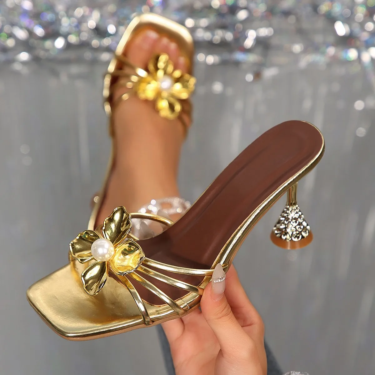 Vintage Women Fashion - Vintage Metal Flower Crystal Cone Heel