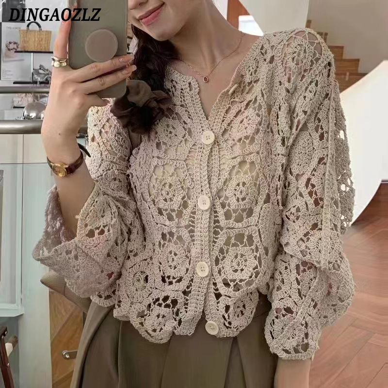 Crop Cardigan Vintage - Retro Hook Flower Hollow Out Tops