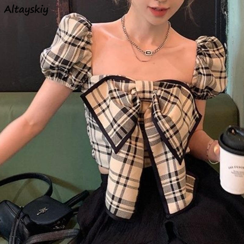 Vintage Fashion Club - Plaid Blouses Women Y2k Summer Cute