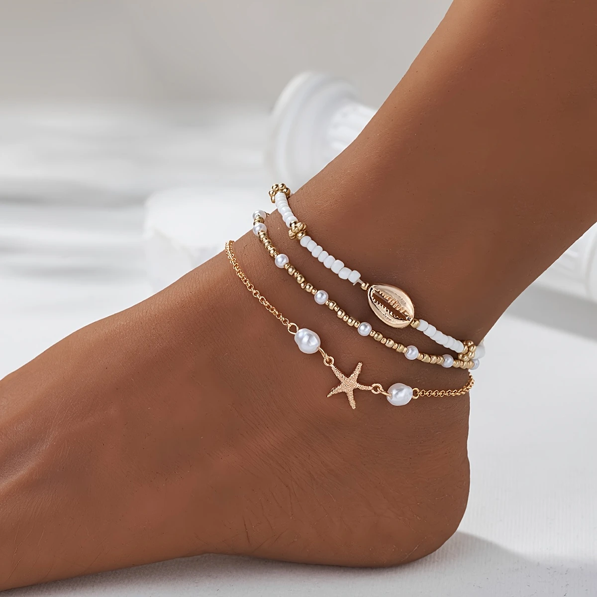 Vintage Fashion Girl - 3 Pcs Beach Beaded Anklet Set