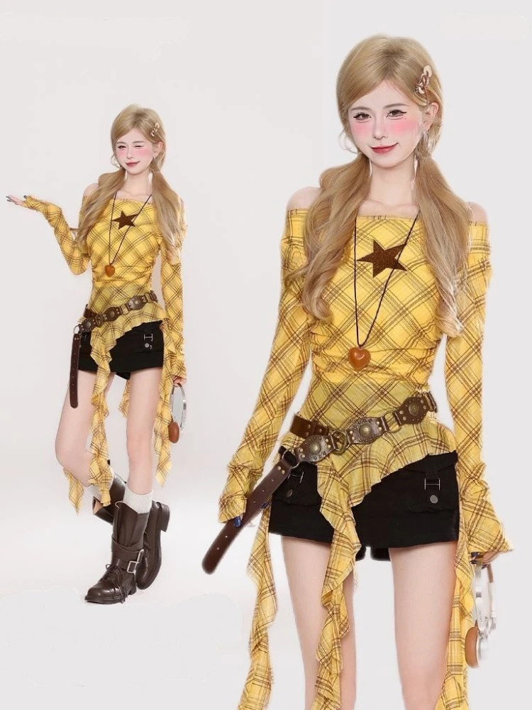 Y2K Plaid Slash Neck Vintage T - Vintage Women Fashion recensie en prijs