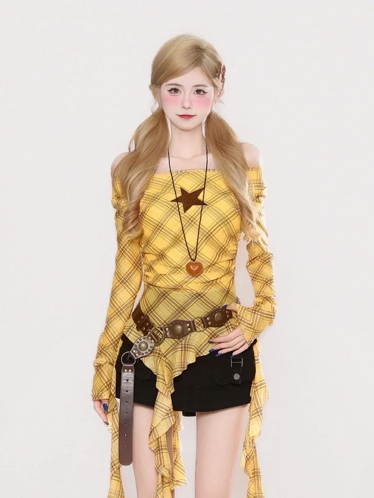 Y2K Plaid Slash Neck Vintage T - Vintage Women Fashion recensie en prijs