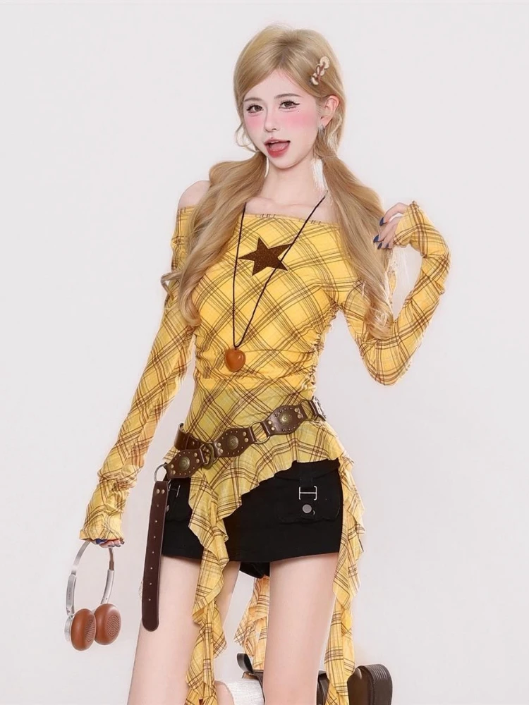 Y2K Plaid Slash Neck Vintage T - Vintage Women Fashion recensie en prijs