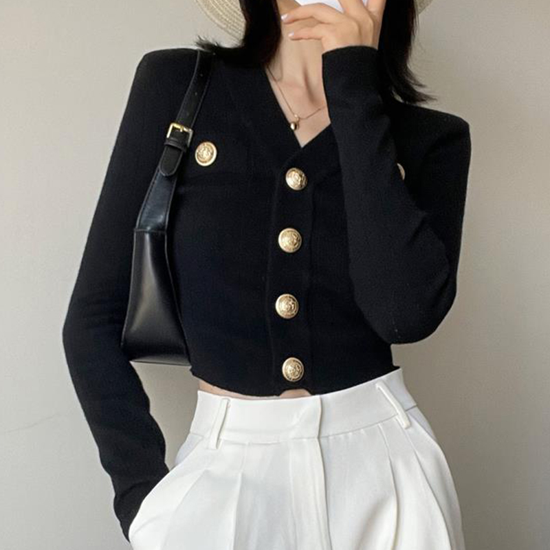 Gold Button Front Knit Cardiga - Crop Cardigan Vintage recensie en prijs
