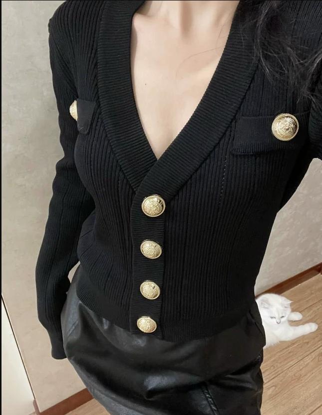 Gold Button Front Knit Cardiga - Crop Cardigan Vintage recensie en prijs